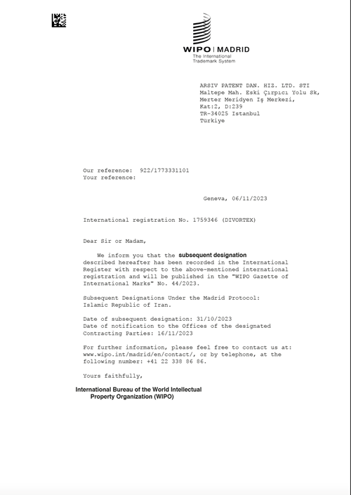 Divortex Marka Tescil Belgesi (WIPO)