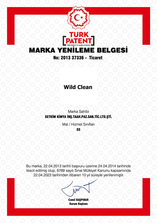 Wild Clean Marka Yenileme Belgesi (Türk Patent)