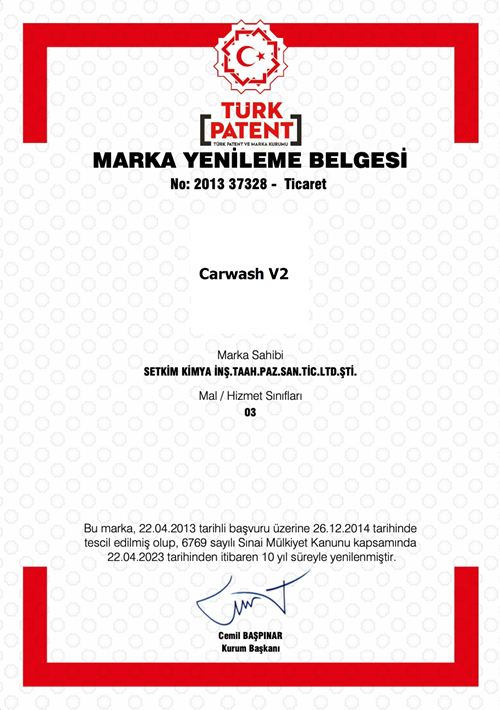 Carwash V2 Marka Yenileme Belgesi (Türk Patent)