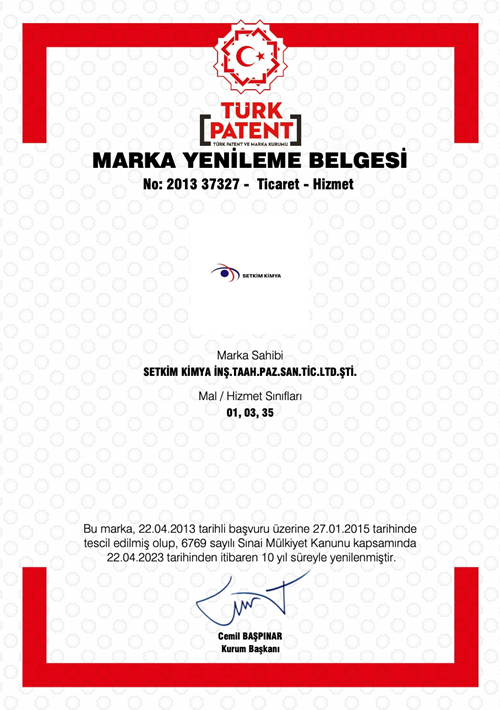 Setkim Kimya Marka Yenileme Belgesi (Türk Patent)