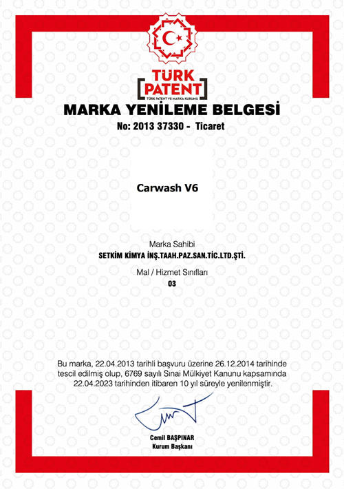 Carwash V6 Marka Yenileme Belgesi (Türk Patent)